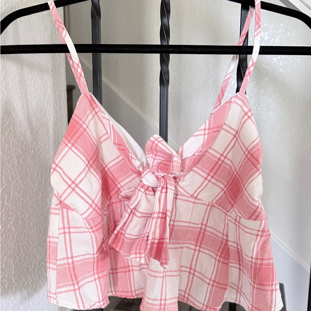 Pink Plaid Tie-Front Crop Top